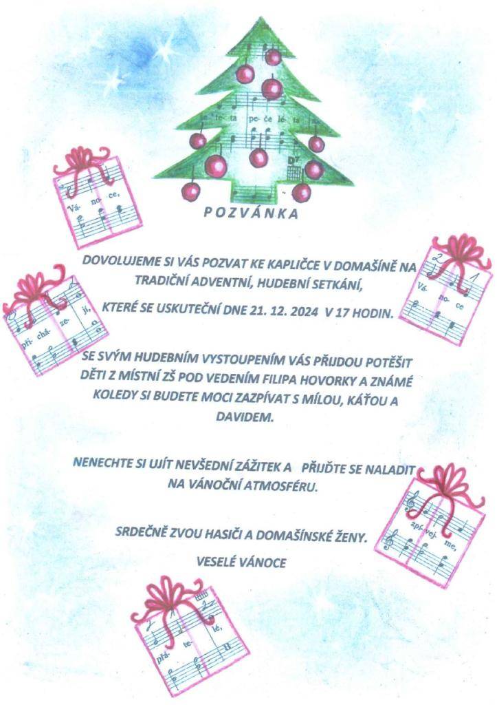 SDH Domašín a domašínské ženy Vás srdečně zvou na tradiční adventní setkání u domašínské kapličky v sobotu 21. 12. 2024 od 17.00 hod.