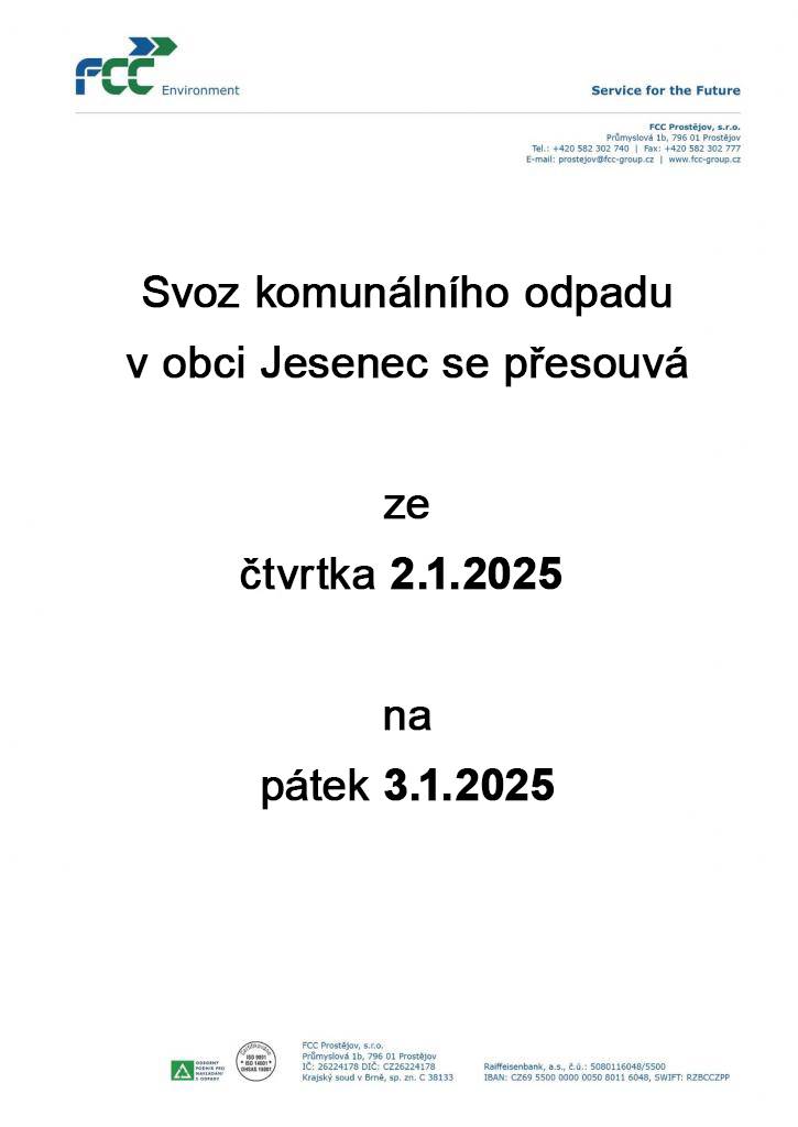 Svoz komunálního odpadu v obcích Jesenec se přesouvá ze čtvrtka 2.1.2025 na pátek 3.1.2025.