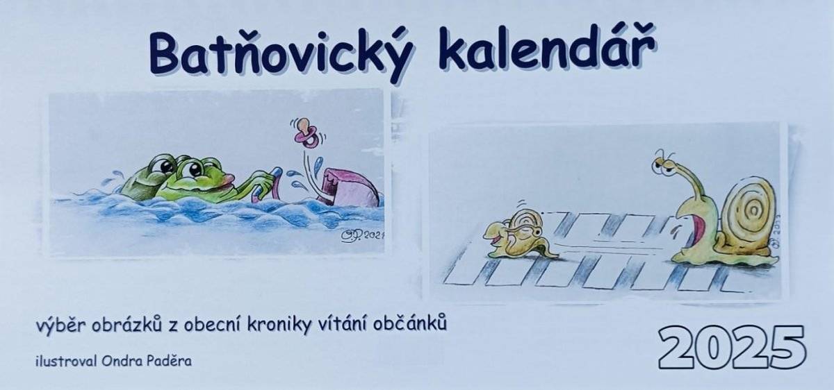 Připomínáme, že si můžete na obecním úřadě vyzvednout stolní kalendář obce 2025. Jeden kus do domácnosti je zdarma, další kusy můžete zakoupit za 70 Kč. Tentokrát se chceme podělit o vtipné ilustrace z kroniky vítání občánků, jejichž autorem je Ondra Paděra.