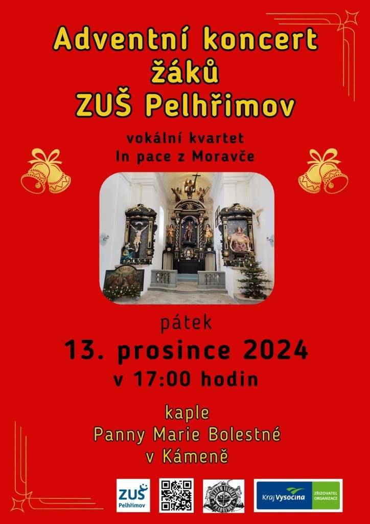 Vážení občané, zveme vás v pátek 13.12.2024 od 17:00 do kaple PMB v Kámeně na adventní koncert ZUŠ Pelhřimov a vokálního kvartetu In pace.