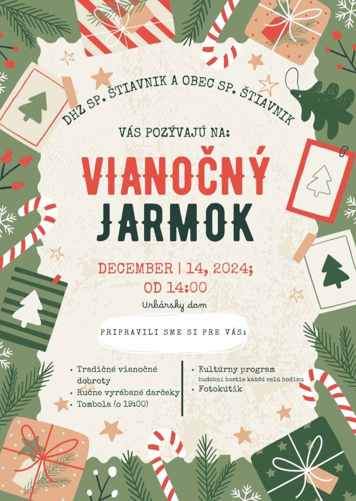 Navštívte Vianočný jarmok v Spišskom Štiavniku už 14. decembra 2024 od 14.00 v Urbárskom dome. Tešiť sa môžete na tradičné vianočné dobroty, ručne vyrábané darčeky, fotokútik a kultúrny program s hudobnými hosťami každú hodinu. Nezmeškajte ani tombolu o 19:00 hodine.