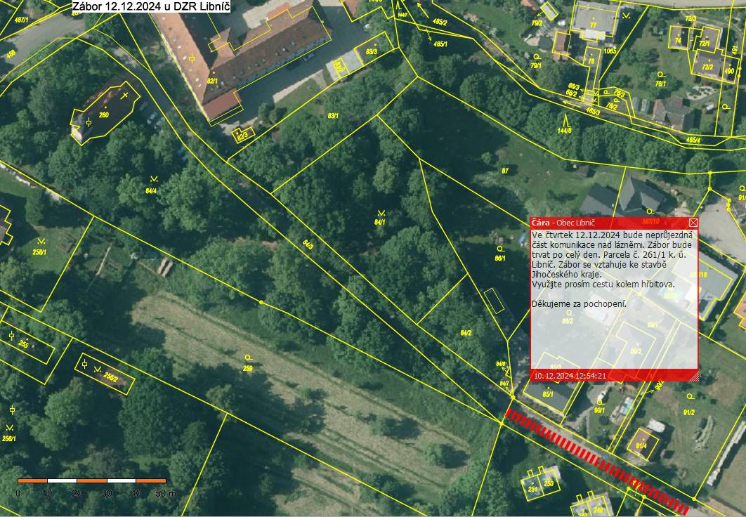 Dobrý den, ve čtvrtek 12.12.2024 bude neprůjezdná část komunikace nad lázněmi. Zábor bude trvat po celý den. Parcela č. 261/1 k. ú. Libníč. Zábor se vztahuje ke stavbě Jihočeského kraje.  Využijte prosím cestu kolem hřbitova.  Děkujeme za pochopení.