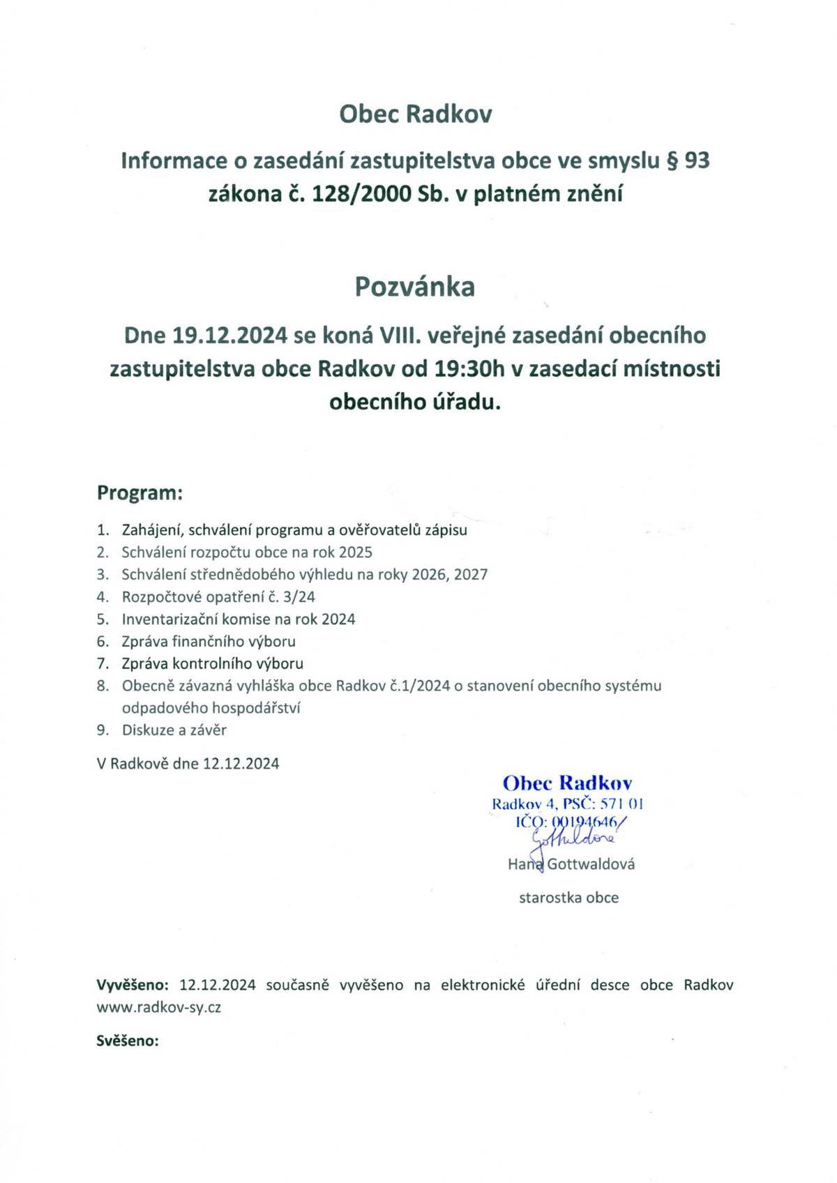 Pozvánka na VIII. veřejné zasedání 19.12.2024