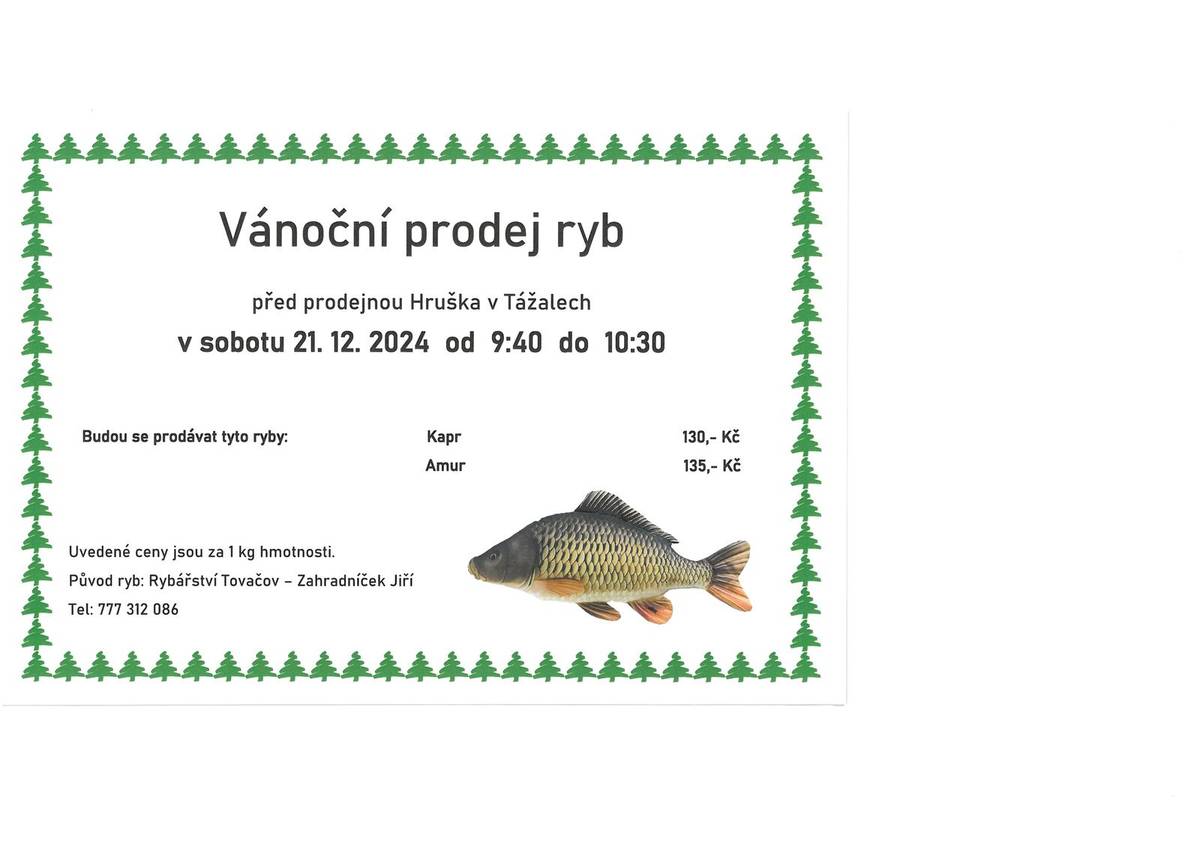 se bude konat v Sobotu 21. 12 . od 9:40 do 10:30 před obchodem Hruška v Tážalech.  Budou se prodávat tyto ryby:  Kapr 130 kč,- , Amur 135,-    kč Bude se jednat  o poslední prodej v roce 2024 Uvedené ceny jsou za jeden kilogram hmotnosti.   Původ ryb: Rybářství Tovačov - Zahradníček Jiří.