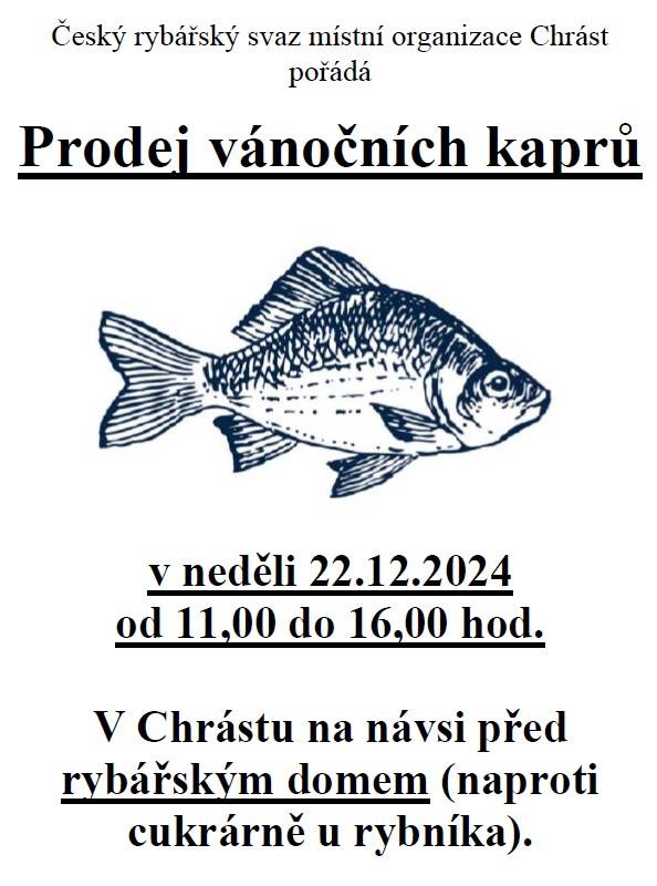 Český rybářský svaz v Chrástu pořádá prodej vánočních kaprů v neděli 22. prosince 2024. Akce proběhne od 11.00 do 16.00 hodin. Na návsi před rybářským domem, naproti cukrárně u rybníka.