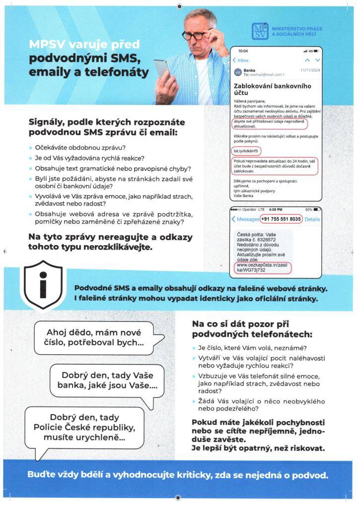 MPSV varuje před podvodnými SMS, emaily a telefonáty.