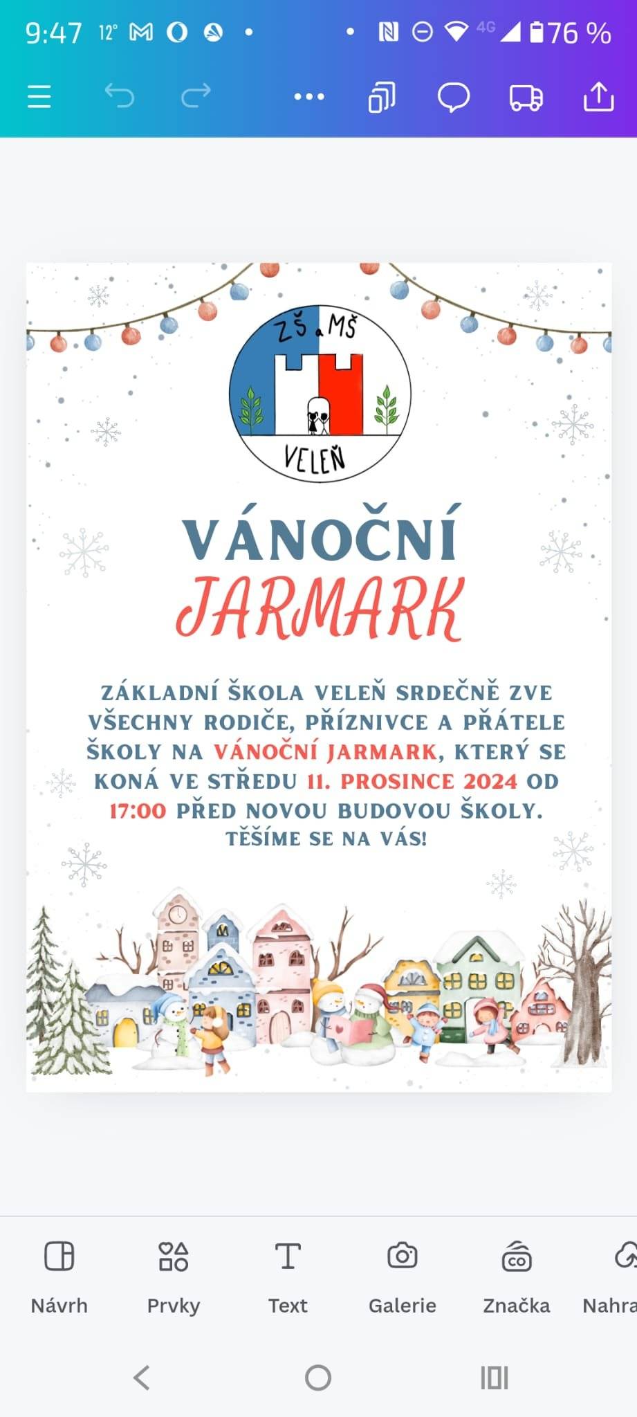 Základní škola Veleň vás všechny zve na vánoční jarmark, který se koná u nové ZŠ Veleň dnes od 17:00 hod Prosíme přijďte dětem udělat radost.