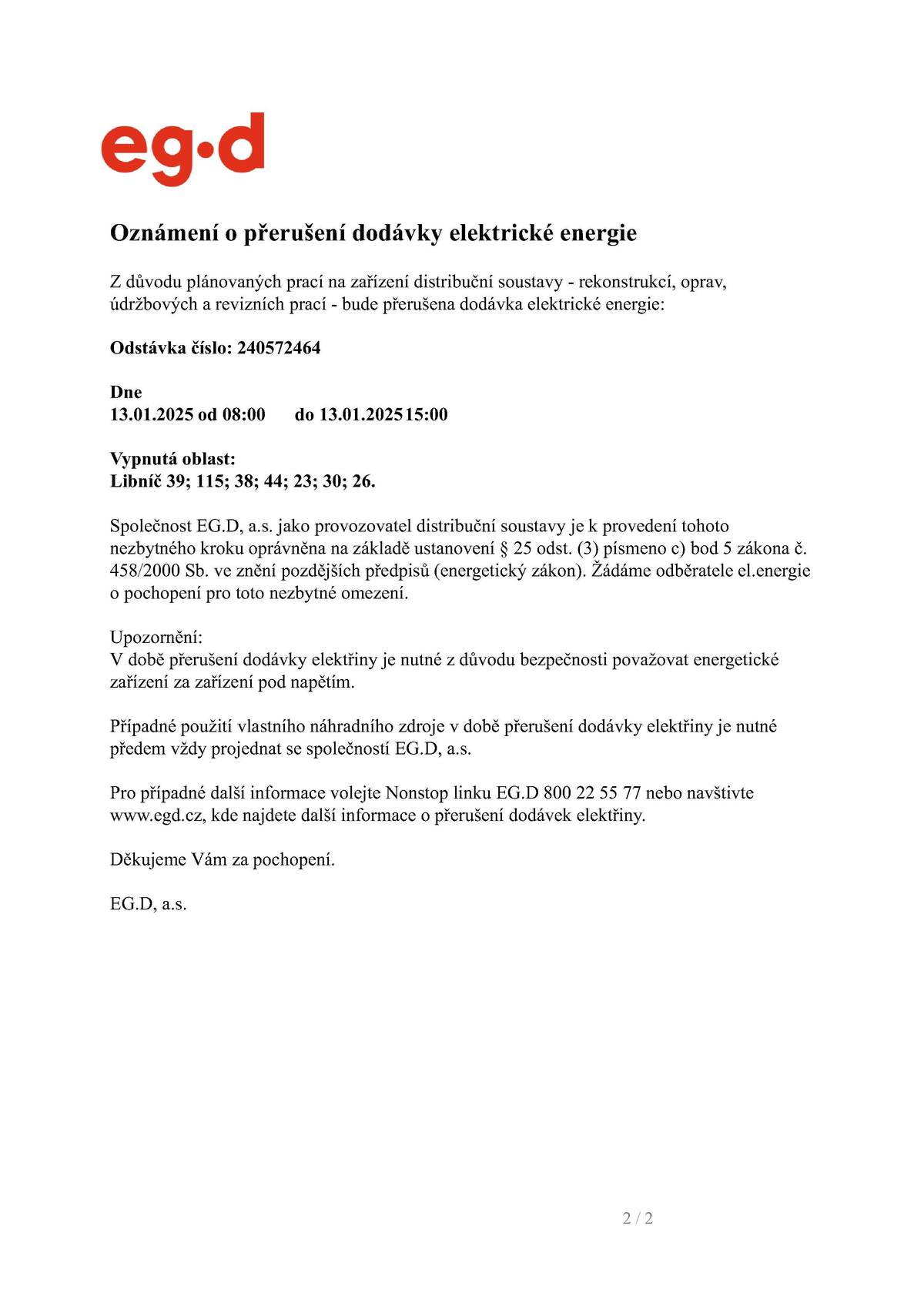 EG.D. informuje o přerušení elektrické energie. Více v příloze.