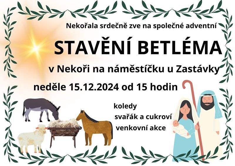 Dnes (15. 12.) se uskuteční stavění betléma vedle Zastávky na Náměstíčku. Těšit se můžete také na koledy, svařák a cukroví. Start od 15 hodin. ❄️