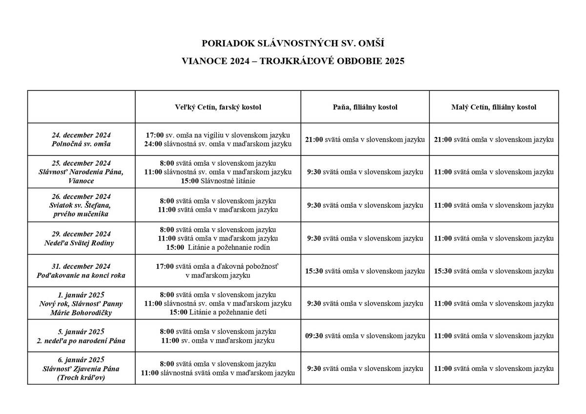 V prílohe rozpis sv. omší Vianoce 2024