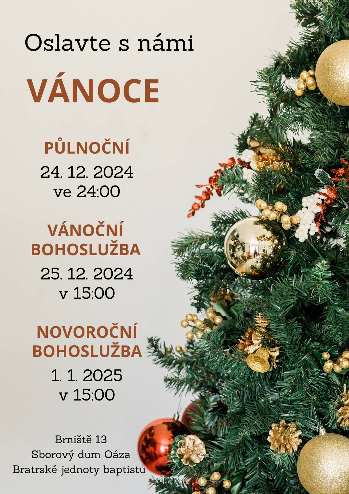 Sborový dům Oáza BJB Brniště Vás zvou 24. prosince ve 24 hod na PŮLNOČNÍ, 25.prosince v 15 hod na VÁNOČNÍ BOHOSLUŽBU a 1.ledna v 15 hod na NOVOROČNÍ BOHOSLUŽBU.