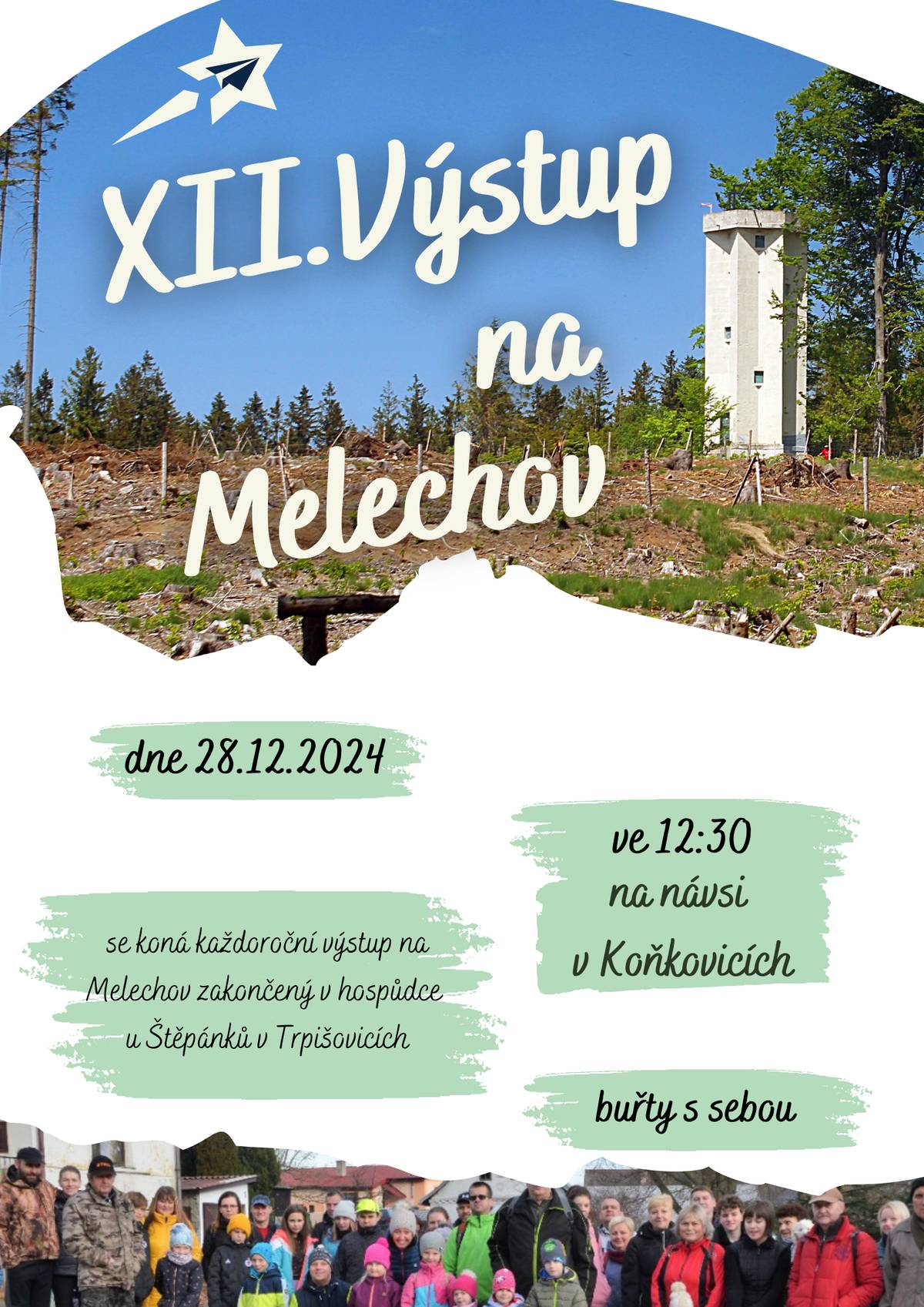 Vážení občané, Dne 28.12.2024 se koná každoroční výstup na Melechov zakončený u Štěpánků v hospůdce v Trpišovicích. Sraz ve 12:30 na návsi v Koňkovicích. Buřty s sebou:)