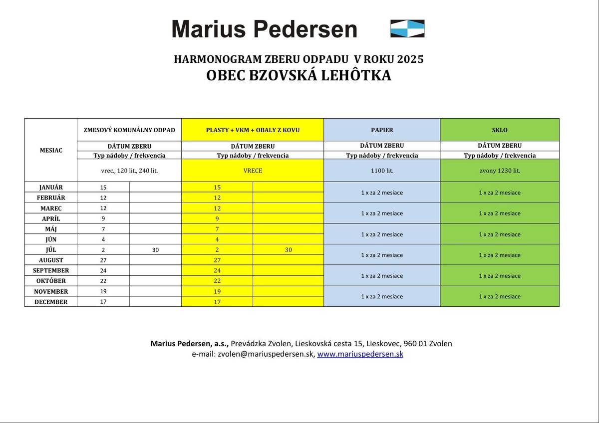 Dobrý deň, chcel by som Vás oboznámiť s novým harmonogramom vývozu odpadov v našej obci na rok 2025.  Nájdete ho aj na stránke našej obce. https://www.bzovskalehotka.sk/odvoz-odpadu