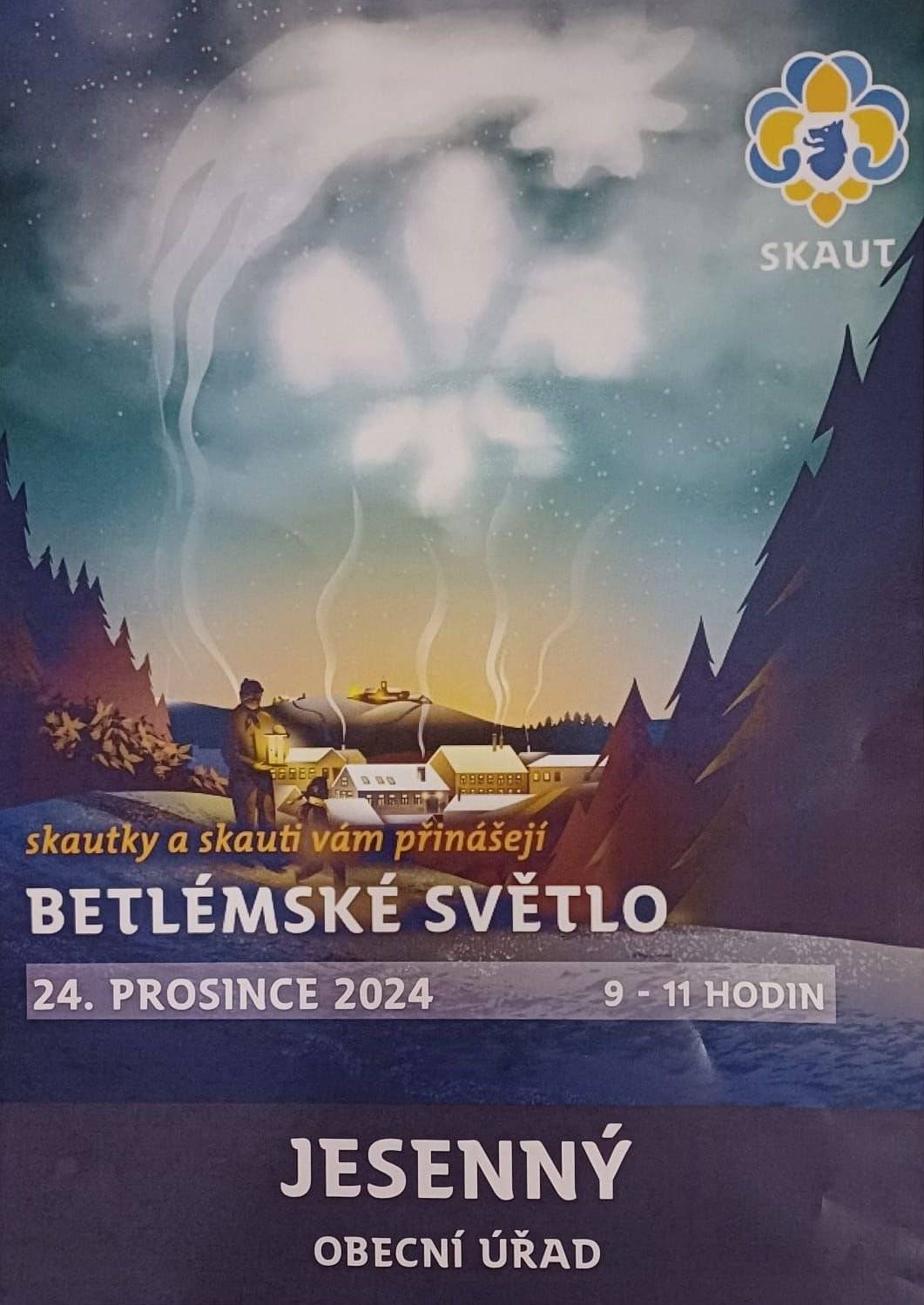 Skauti vám přinášejí Betlémské světlo - rozdávat se bude 24.12.2024 od 9:00 do 11:00 na Obecním úřadě v Jesenném