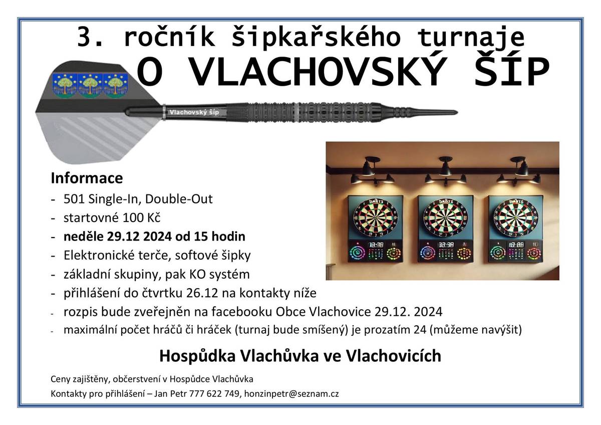 Ve dnech 27.12 (pá)., 28.12 (so) a 29.12 (ne) bude ve Vlachovicích šipkový víkend. V pátek bude odehrán turnaj dětí (od 14 h) a žen (od 16h). V sobotu budou hrát muži (od 14 hodin). Tyto dva dny jsou pro ryzí amatéry, legy se zavírají přes single hodnotu. V neděli se od 15 odhraje 3.ročník Vlachovského šípu. Tento turnaj má v pravidlech zavírání legu přes doubly, je o trochu náročnější. Přihlásit se může každý, je smíšený.  Kontaktní osoba - Jan Petr, 777 622 749, honzinpetr@seznam.cz. Veškeré informace v dokumentech na facebooku obce, případně níže. Neváhejte tedy s přihlášením.