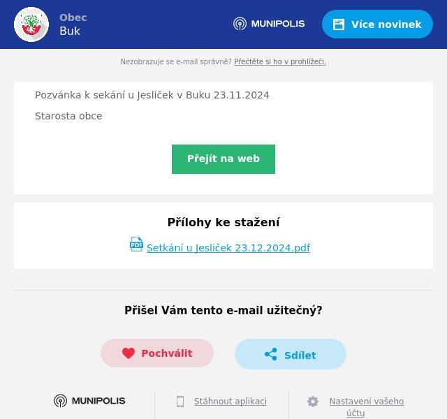 Pozvánka k sekání u Jesliček v Buku 23.11.2024 Starosta obce