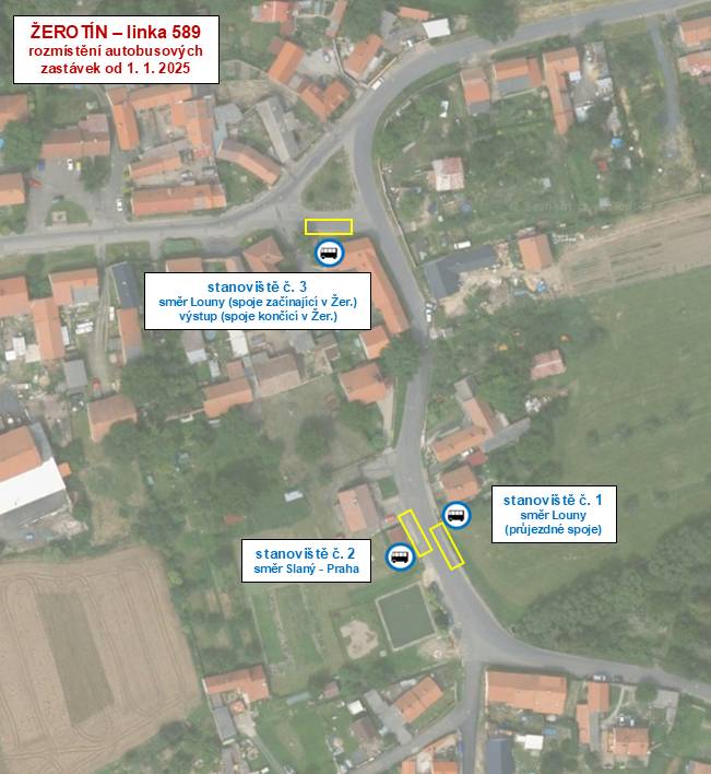 Od 1. 1. 2025 budou zastávku „Žerotín“ obsluhovat autobusy jedoucí na lince č. 589 následujícím způsobem: -     spoje směr Slaný a Praha – na obnovené zastávce u hostince -     spoje projíždějící Žerotínem směrem do Loun – na obnovené zastávce naproti hostinci -     spoje začínající a končící v Žerotíně budou odjíždět ze stanoviště v otočce u váhy