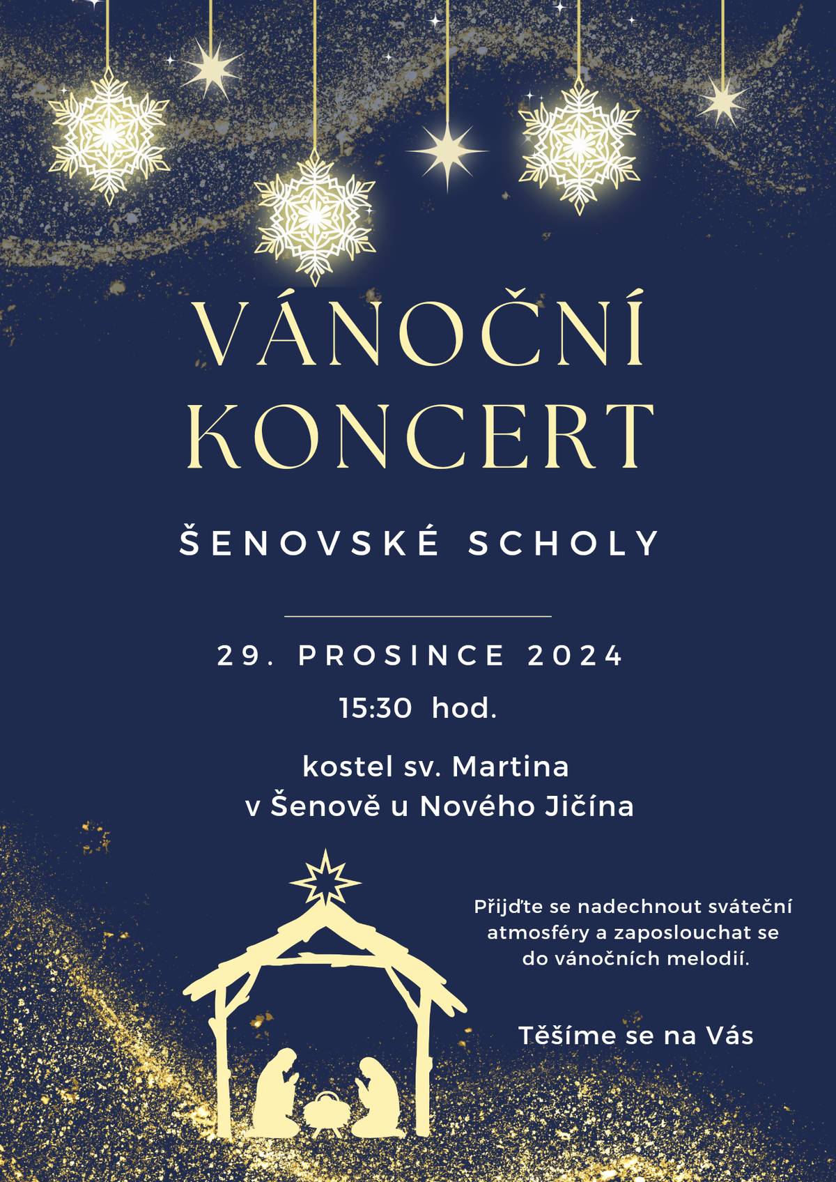 Šenovská schola zve všechny občany na Vánoční koncert, který se uskuteční v neděli 29. prosince 2024 od 15:30 v kostele sv. Martina v Šenově u Nového Jičína. Těšíme se na vás. Uzavření obecní knihovny v době vánočních svátků Obecní knihovna v Šenově u Nového Jičína oznamuje, že z důvodu čerpání dovolené bude 31. prosince uzavřena. Pro veřejnost bude opět otevřena od 7. ledna 2025.