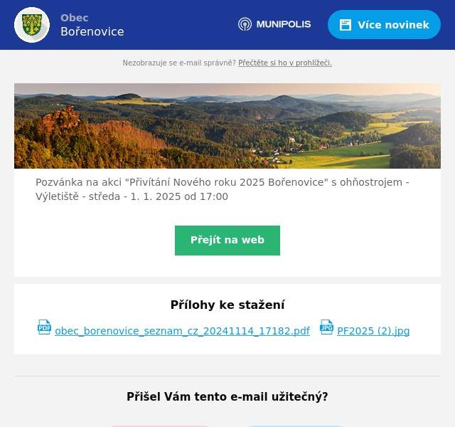 Pozvánka na akci "Přivítání Nového roku 2025 Bořenovice" s ohňostrojem - Výletiště - středa - 1. 1. 2025 od 17:00