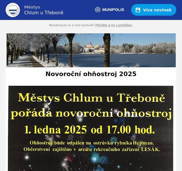 Zveme Vás na Novoroční ohňostroj 2025, 1. ledna od 17 hodin v RZ Lesák. Prosíme, hrnky na punč a čaj si vezměte sebou. Děkujeme.