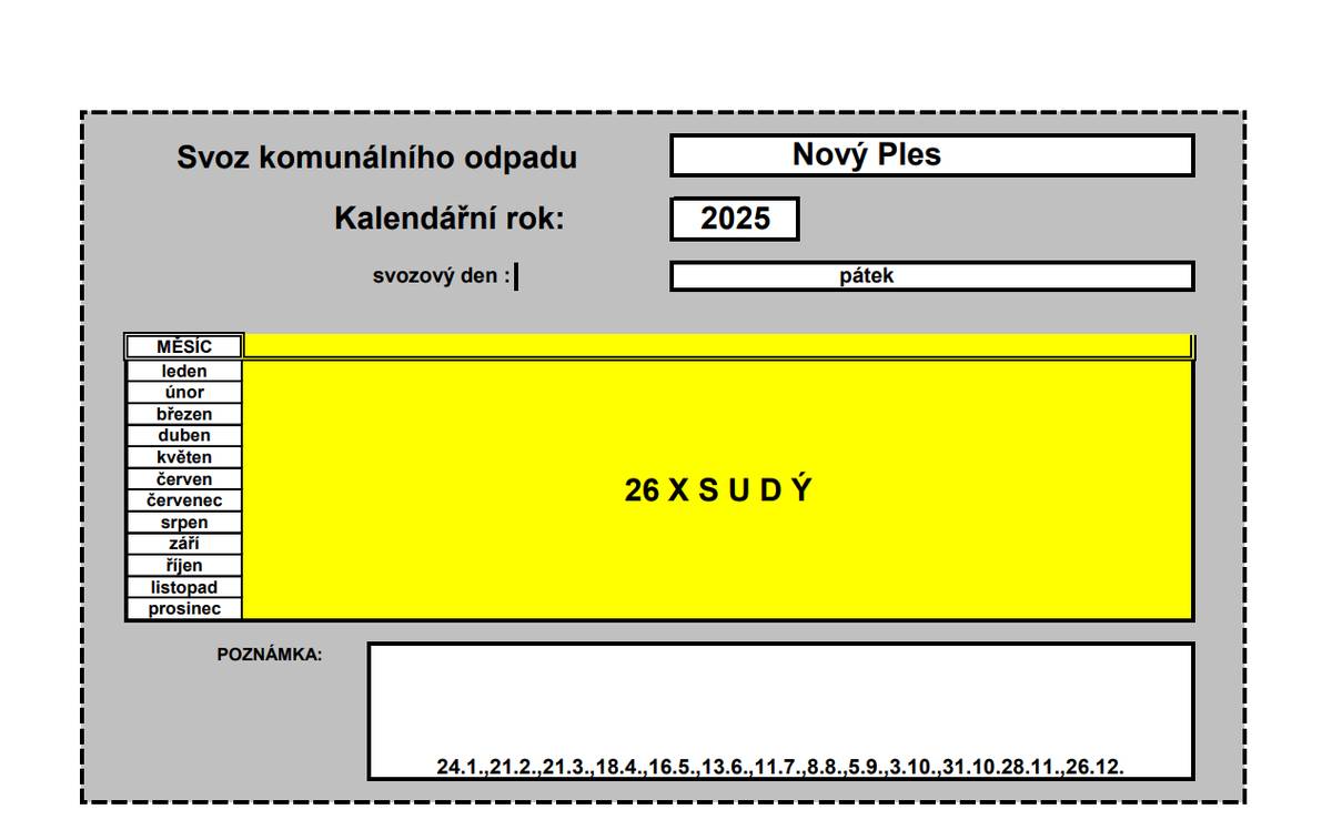 Svoz komunálního odpadu v roce 2025 bude probíhat opět každý sudý pátek. Termíny svozu plastového odpadu naleznete v přiloženém letáku.