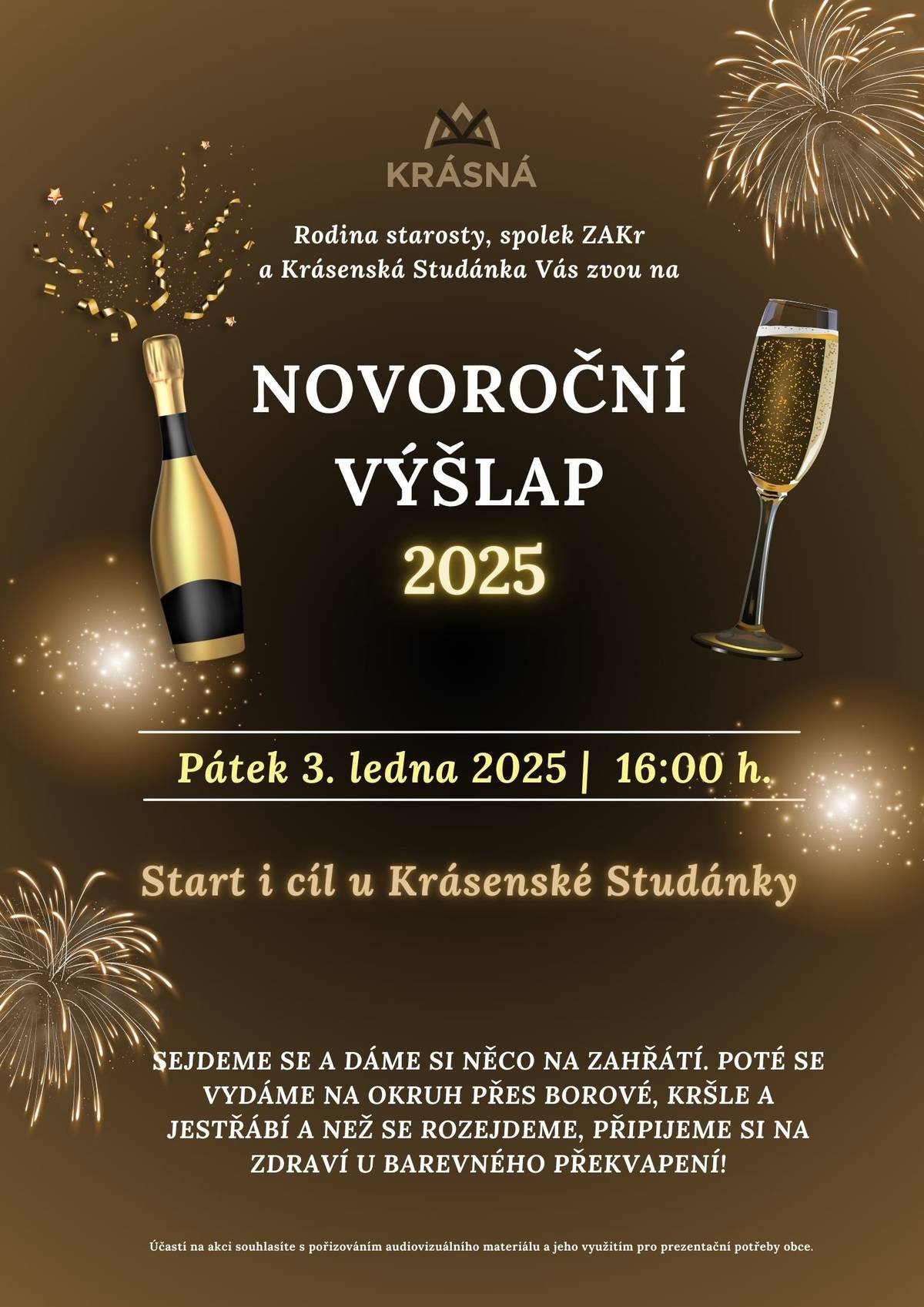 Přijďte s námi oslavit příchod roku 2025 novoročním výšlapem! Startujeme v pátek 3. ledna 2025 v 16 hodin u Krásenské Studánky.
