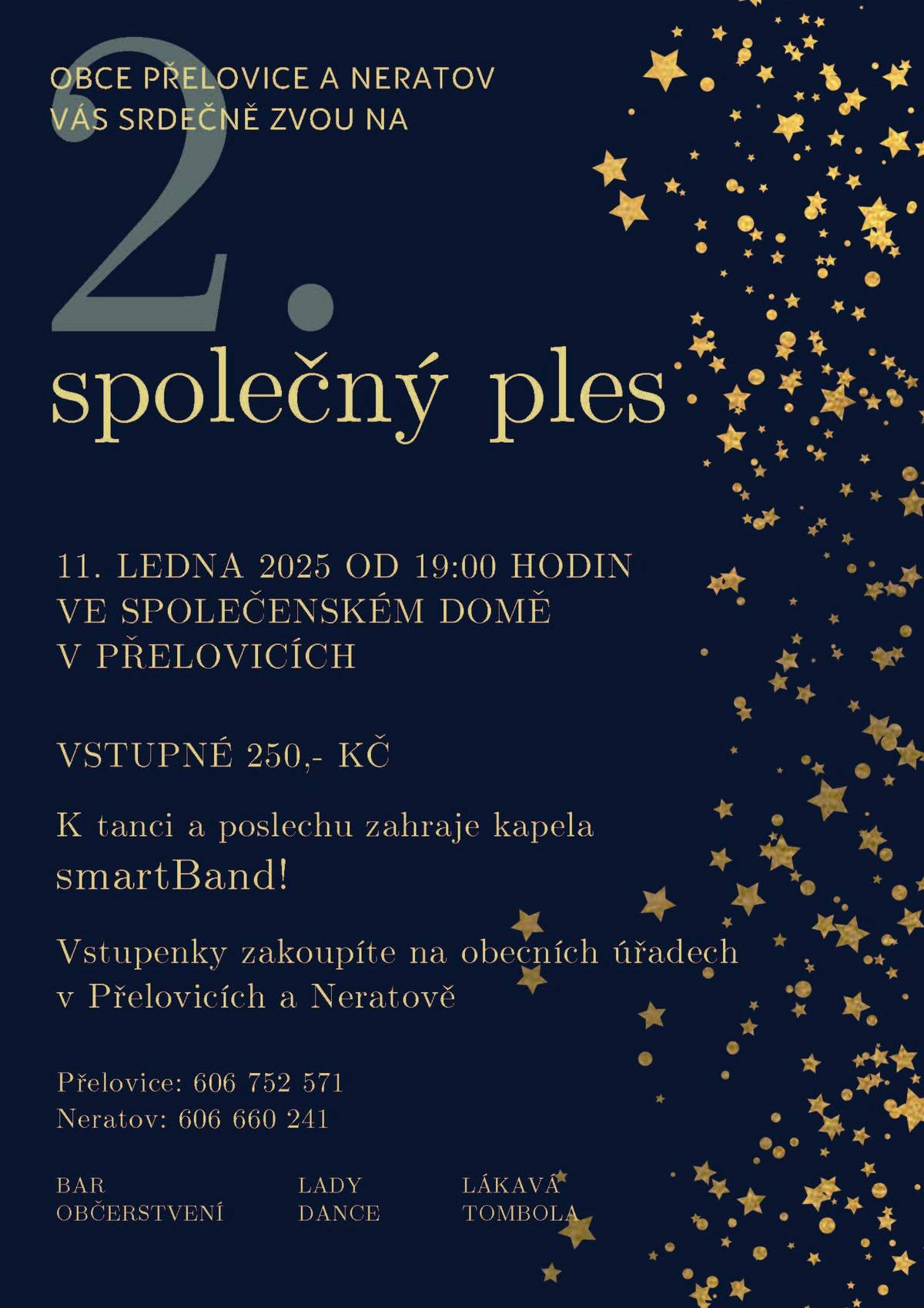 Srdečně Vás zveme na 2. splečný ples obcí Přelovice a Neratov, který se koná dne 11.1.2025 od 19 hodin ve společenském domě v Přelovicích. Vstupenky v cene  250,-Kč objednávejte u starosty. Nejlépe přes SMS na čísle 606660241.