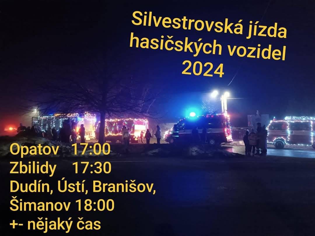 Nazdobená hasičská auta vyjedou v 17.hodin z Opatova, přes Zbilidy, Dudín, Ústí, Branišov do Šimanova, před hasičskou zbrojnici. Cca v 18:30 začne ohňostroj. Pro všechny budou připravené nápoje a občerstvení v hasičárně zdarma. Přijďte, srdečně Vás zveme!