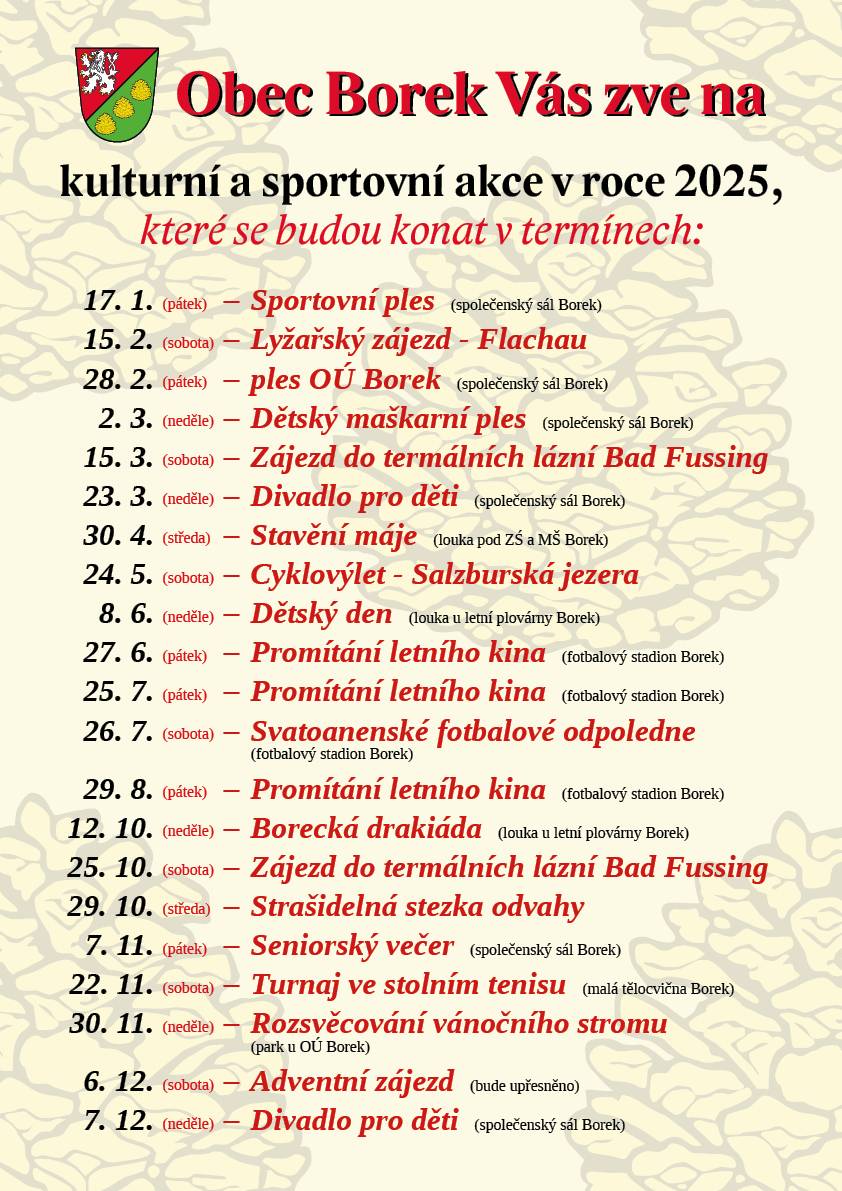 Dobrý den všem. Dovolte mi, abych Vás informoval o kulturních a sportovních akcích, které plánuje obec Borek uskutečnit v roce 2025. Těšíme se na Vaší účast. S přáním hezkého dne Jaroslav Novák - starosta obce Borek.