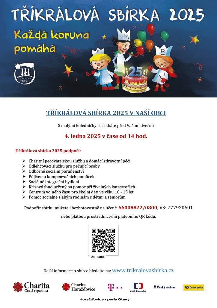 Tříkrálová sbírka se uskuteční  v sobotu 4. ledna 2025 od 14.00 hod.