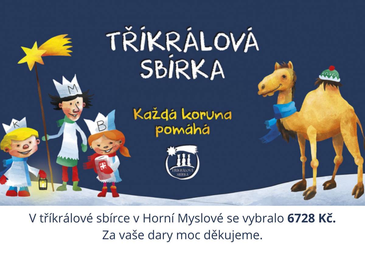 V neděli 5. ledna se v naší obci uskutečnila Tříkrálová sbírka. Vykoledovaná částka činila 6728 Kč. Za Vaše dary děkujeme.