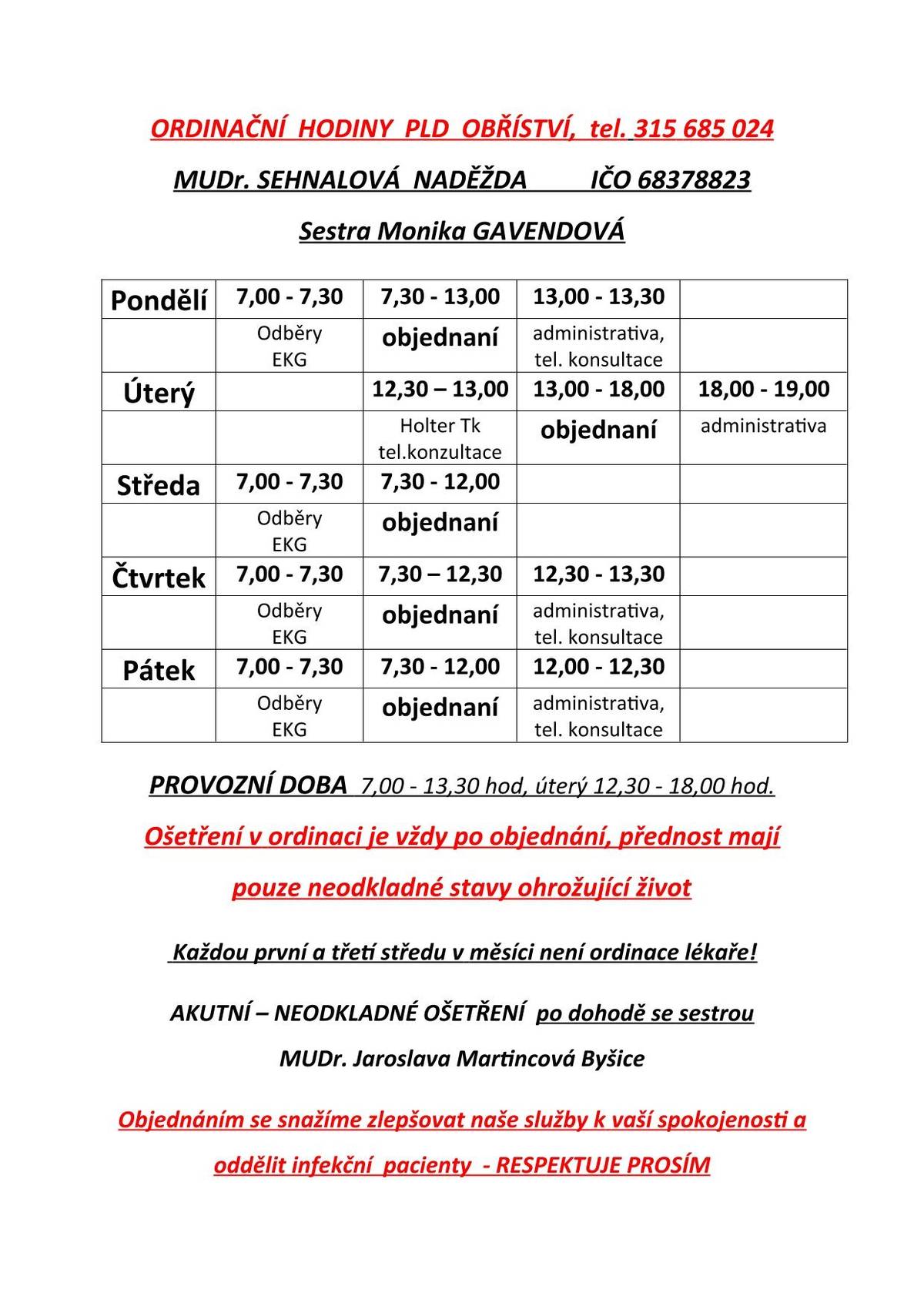 MUDr. Sehnalová - ordinační hodiny 2025