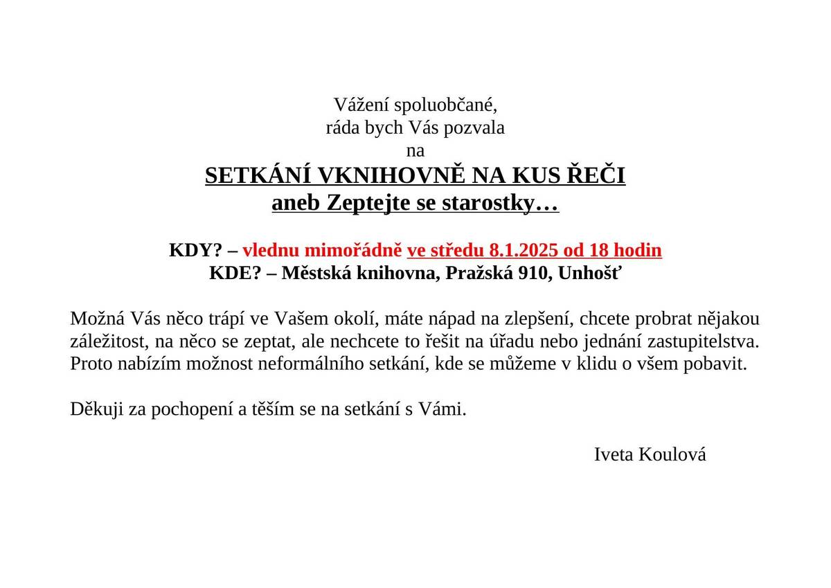 Srdečně Vás zvu na neformální setkání v knihovně, tuto středu 8.1.2025 Iveta Koulová