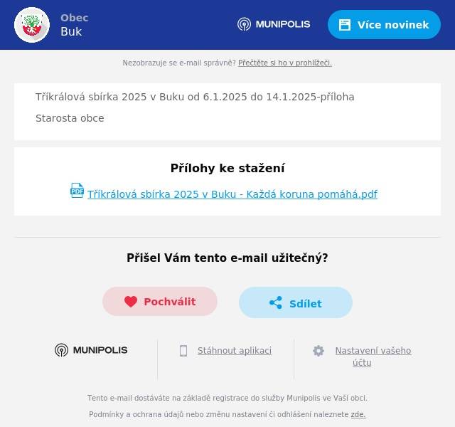 Tříkrálová sbírka 2025 v Buku od 6.1.2025 do 14.1.2025-příloha Starosta obce