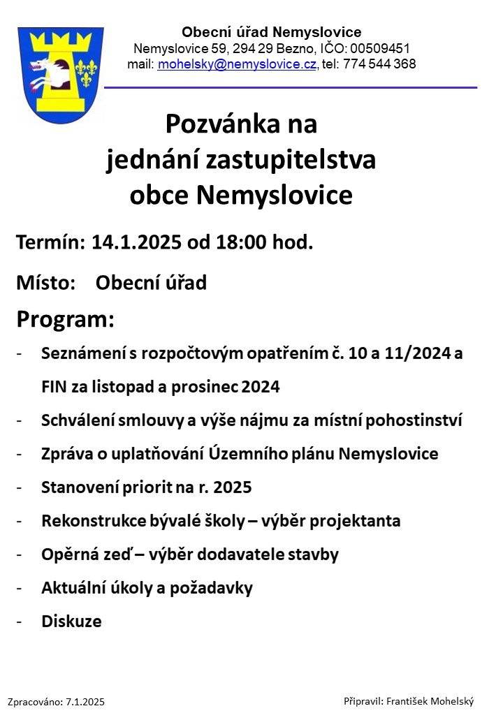 V úterý 14.1.2025 se od 18:00 hod. uskuteční první letošní jednání zastupitelstva obce na obecním úřadě. Program v příloze.