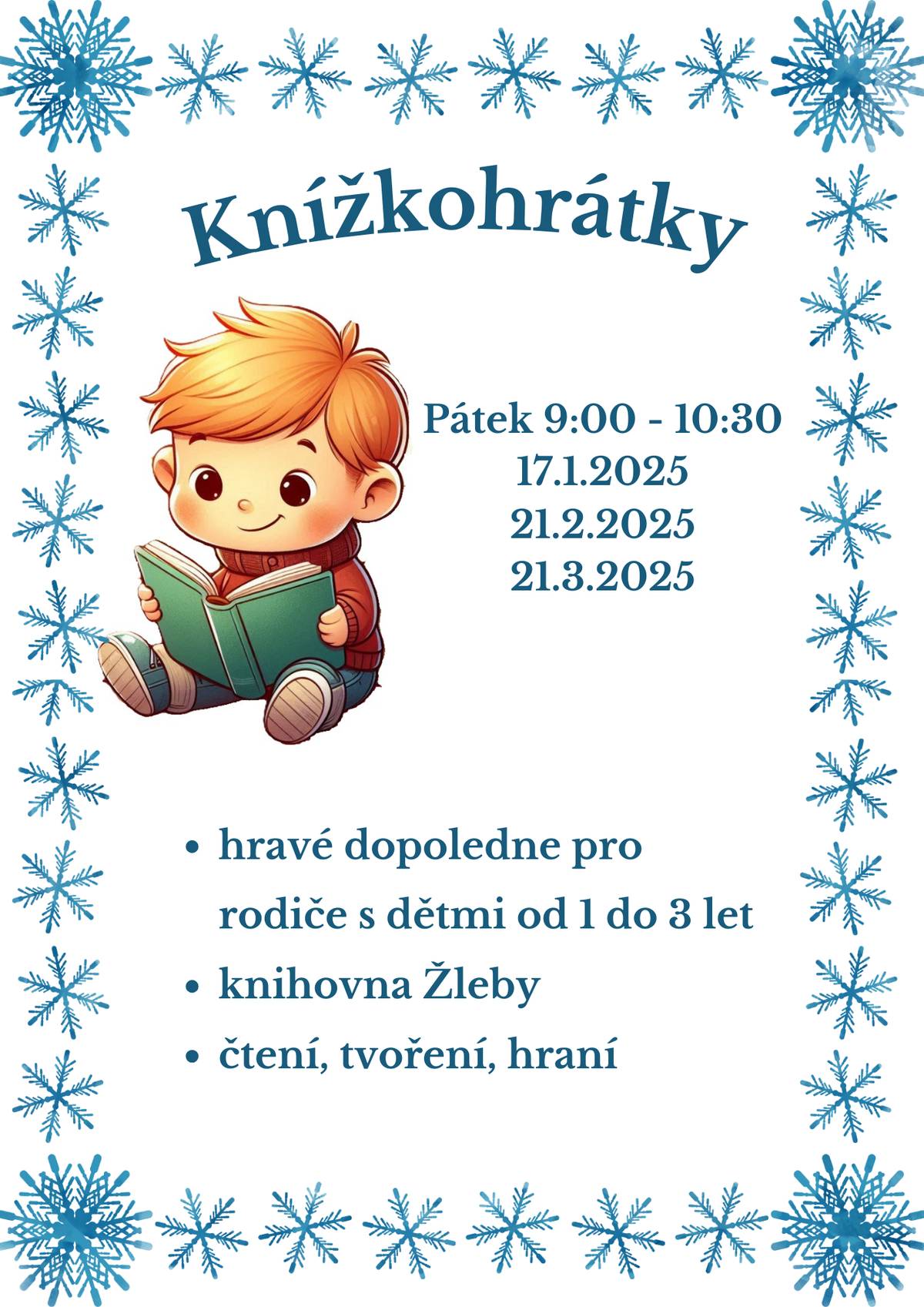 Knihovna Žleby srdečně zve v novém roce opět na Knížkohrátky. Jedná se o hravá dopoledne pro rodiče s dětmi od 1 do 3 let. Těšíme se na viděnou v pátek 17. 1., 21. 2. a 21.3. od 9 hod do 10:30 hod.