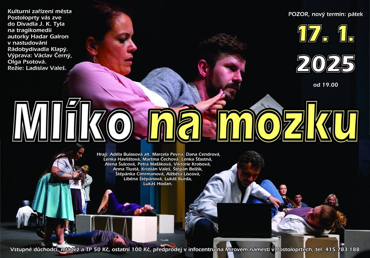 Představení "Mlíko na mozku" bylo odloženo přesně o týden - na 17. ledna 2025. Vstupenky z 10. ledna zůstávají v platnosti (můžete je ale samozřejmě i vrátit, pokud se vám nový termín nehodí).