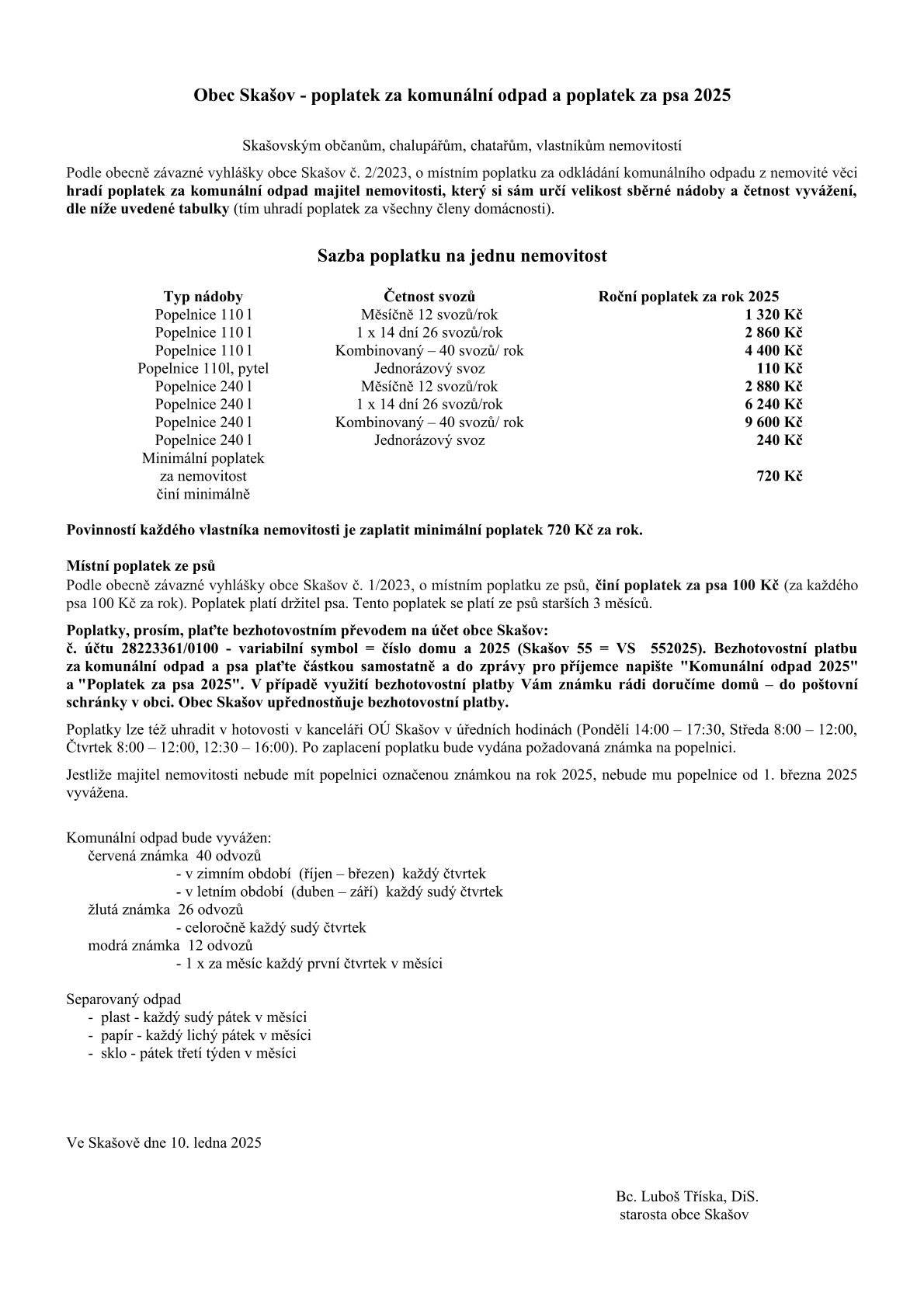 Obec Skašov - poplatek za komunální odpad a poplatek za psa v roce 2025