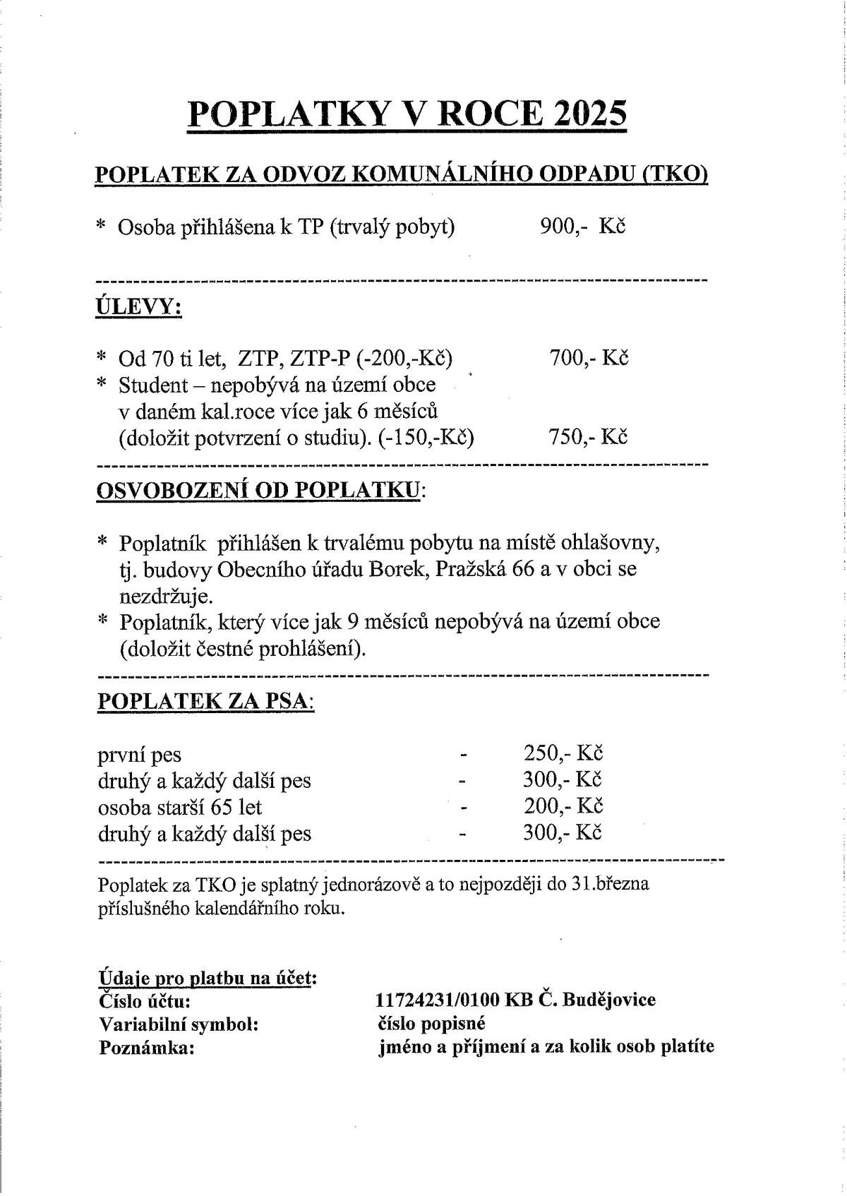 Poplatky v obci Borek pro rok 2025