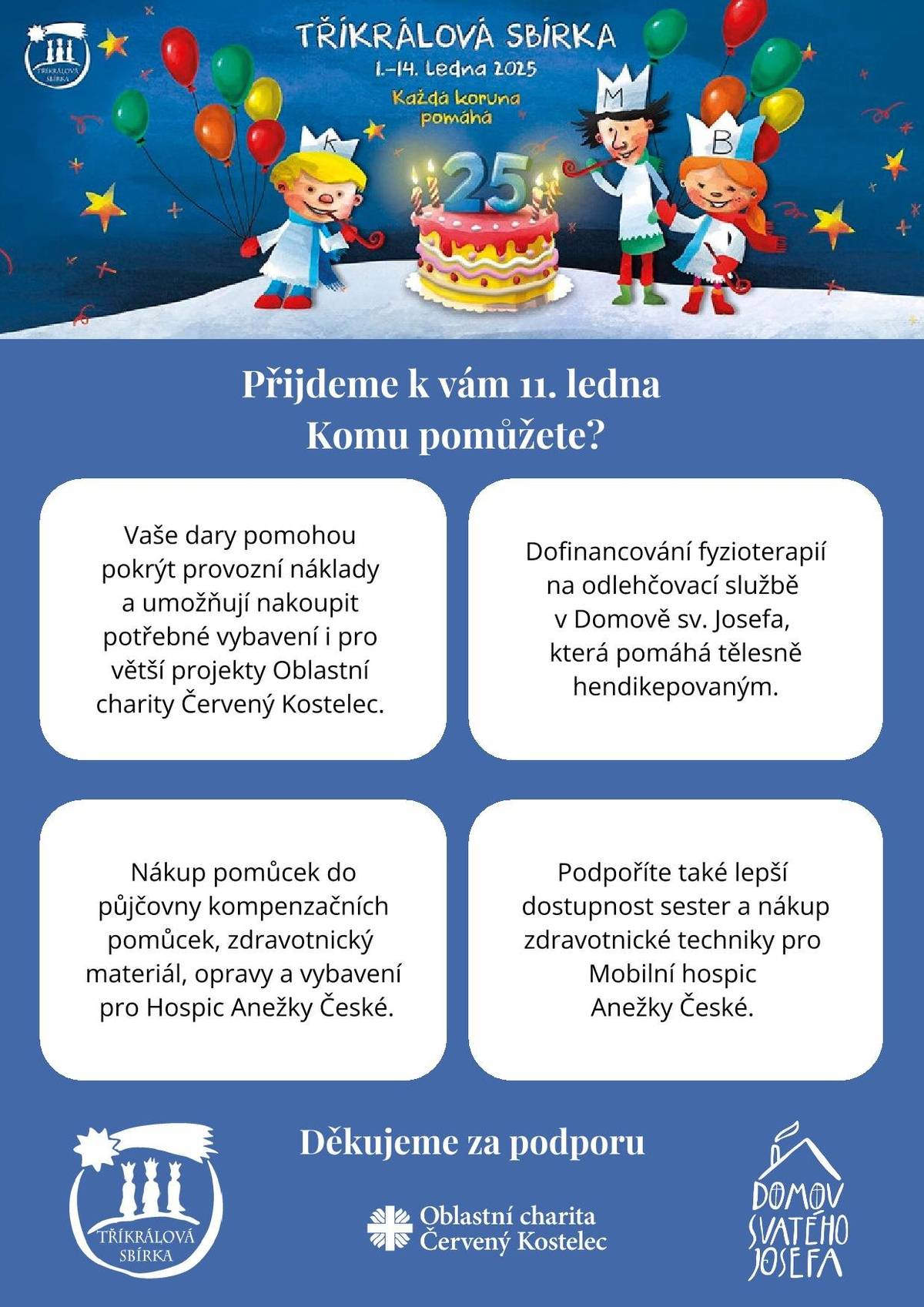 Tříkrálová sbírka proběhne v sobotu 11.1.2025 ve všech našich obcích.