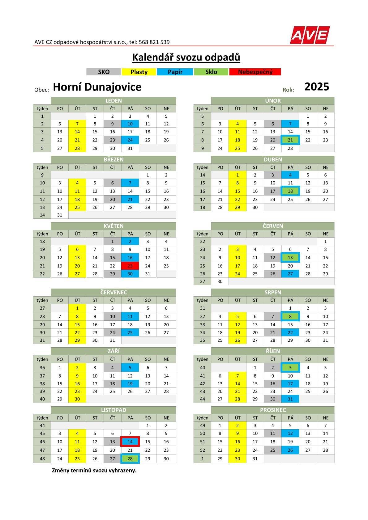Plán svozu odpadů z Horních Dunajovic v  roce 2025
