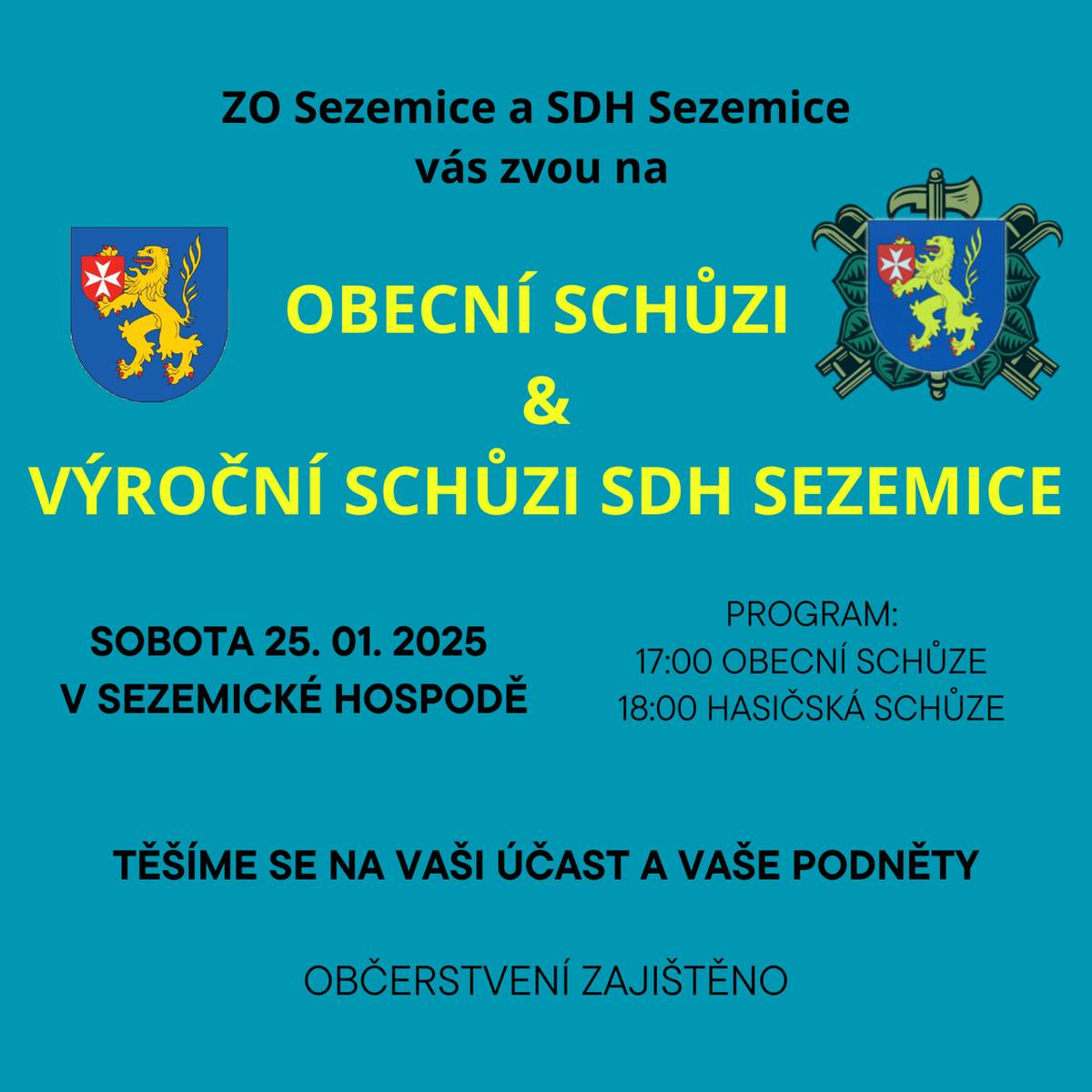 Zveme vás na obecní schůzi obce Sezemice, po které bude následovat výroční schůze SDH Sezemice.