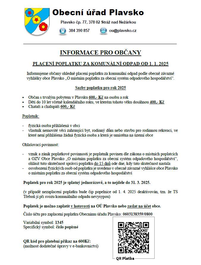 Prosíme věnujte pozornost informacím k platbě poplatků za komunální odpad a poplatků za psa na rok 2025.