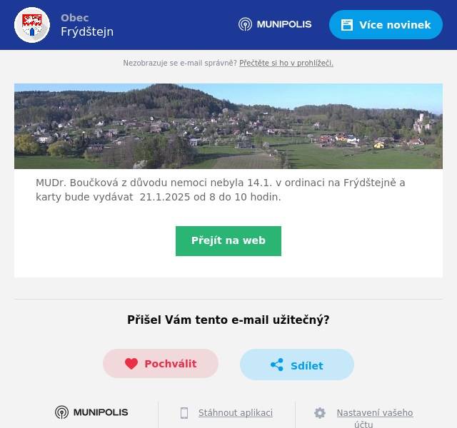 MUDr. Boučková z důvodu nemoci nebyla 14.1. v ordinaci na Frýdštejně a karty bude vydávat  21.1.2025 od 8 do 10 hodin.