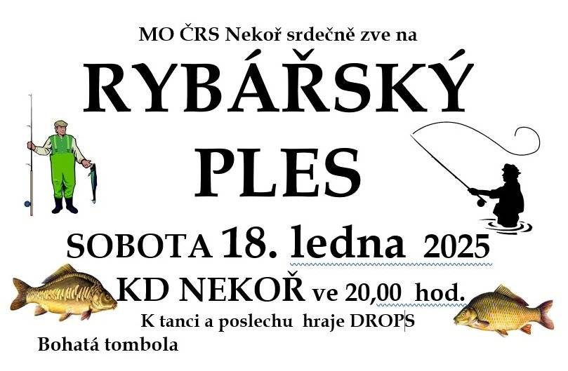 Připomínáme dnešní RYBÁŘSKÝ PLES, který se koná na sále v Kulturním domě v Nekoři od 20 hodin. K poslechu a tanci hraje kapela DRUMS. Těšit se můžete i na tradiční tombolu. 🐡