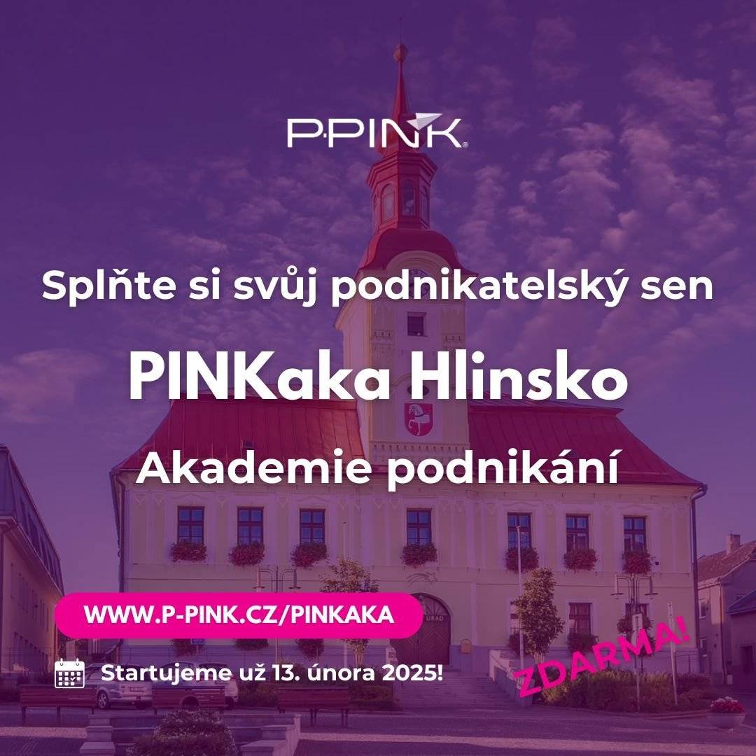 Ve spolupráci s P-PINK startuje v Hlinsku již druhý ročník PINKaka – akademie pro ty, kdo přemýšlejí o založení vlastního podnikání nebo chtějí rozvíjet svůj současný byznys. Začínáme 13. února 2025 a celý program je zcela ZDARMA díky podpoře města Hlinsko. Během 11 týdnů vás čeká 5 odborných workshopů a 6 individuálních a společných konzultací, které vám pomohou položit pevné základy pro vaše podnikání. Nepropásněte tuto příležitost učit se od expertů! Zaregistrujte se na www.p-pink.cz/pinkaka, kde najdete všechny potřebné informace včetně termínů. Těšíme se na vás a na to, jak společně podpoříme vaše podnikatelské sny přímo u nás v Hlinsku!