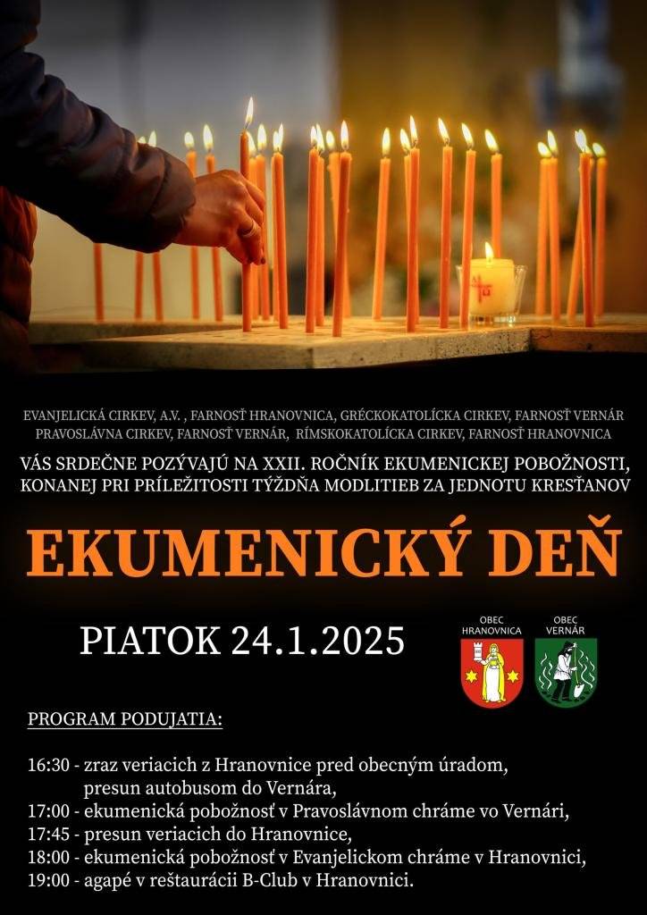 Vážení občania, v spolupráci s obcou Hranovnica a farnosťami oboch obcí Vás pozývame na XXII. ročník ekumenickej pobožnosti. Vaša obec Vernár.