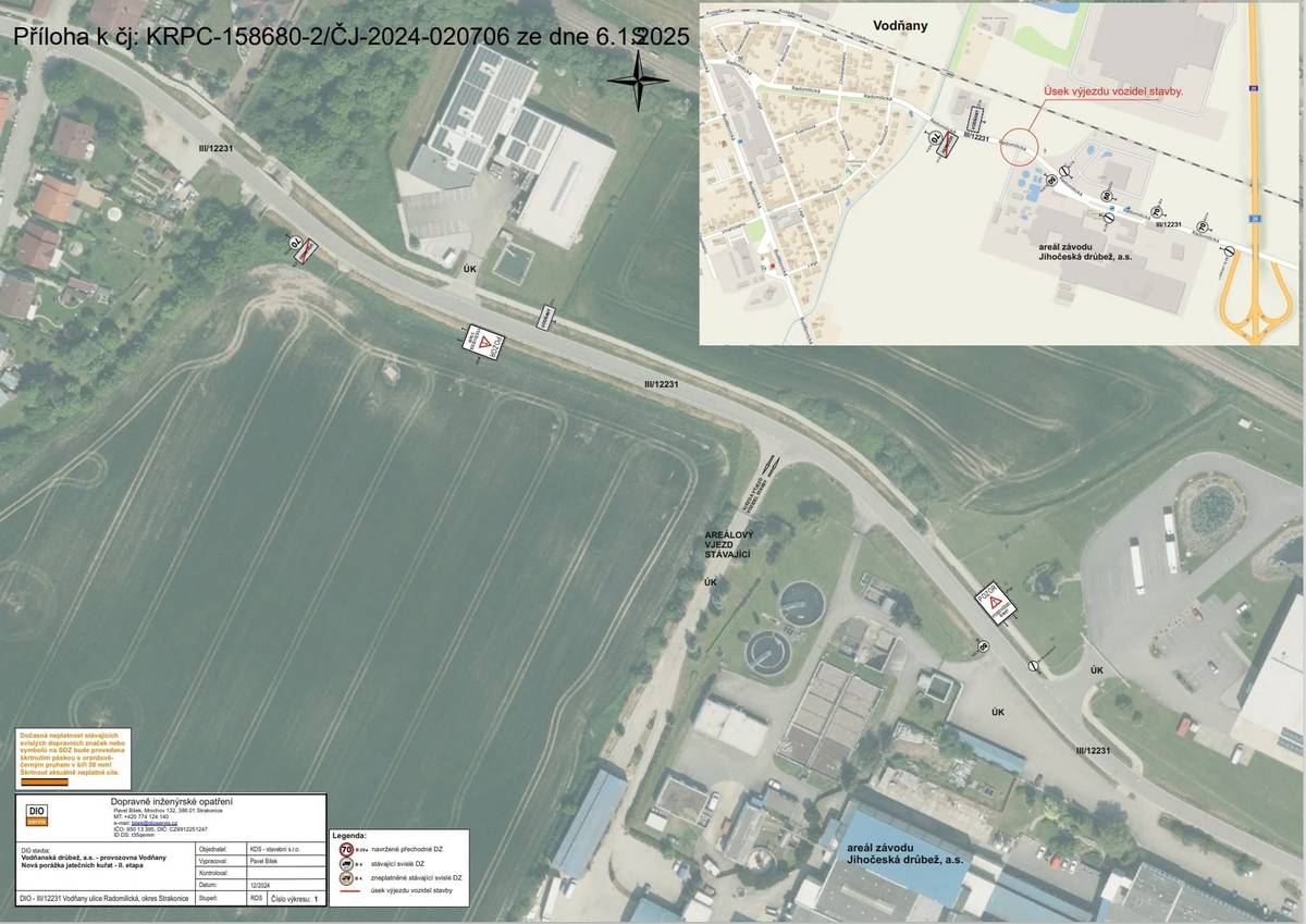 !!!STANOVENÍ PŘECHODNÉ ÚPRAVY PROVOZU!!! Z důvodu realizace stavby dojde k úpravě provozu na komunikaci v ulici Radomilická. Termín: 20. 1. 2025 - 30. 10. 2026 Důvod: realizace stavby "Vodňanská drubež, a. s. - provozovna Vodňany, Nová porážka jatečních kuřat - II. etapa Omezení: snížení rychlosti s výstražným značením PROSÍM, DBEJTE ZNAČENÍ, PŘIZPŮSOBTE JÍZDU A BUĎTE OPATRNÍ!
