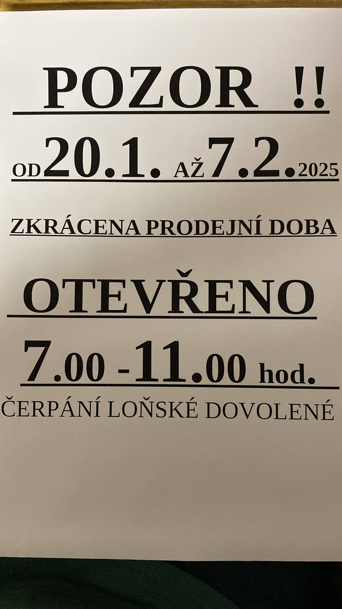 Vážení občané,  od 20.1. do 7.2.2025 je v místním obchodu v Točníku (OC Točník) zkrácena otevírací doba od 7 do 11 hod. Obec Točník