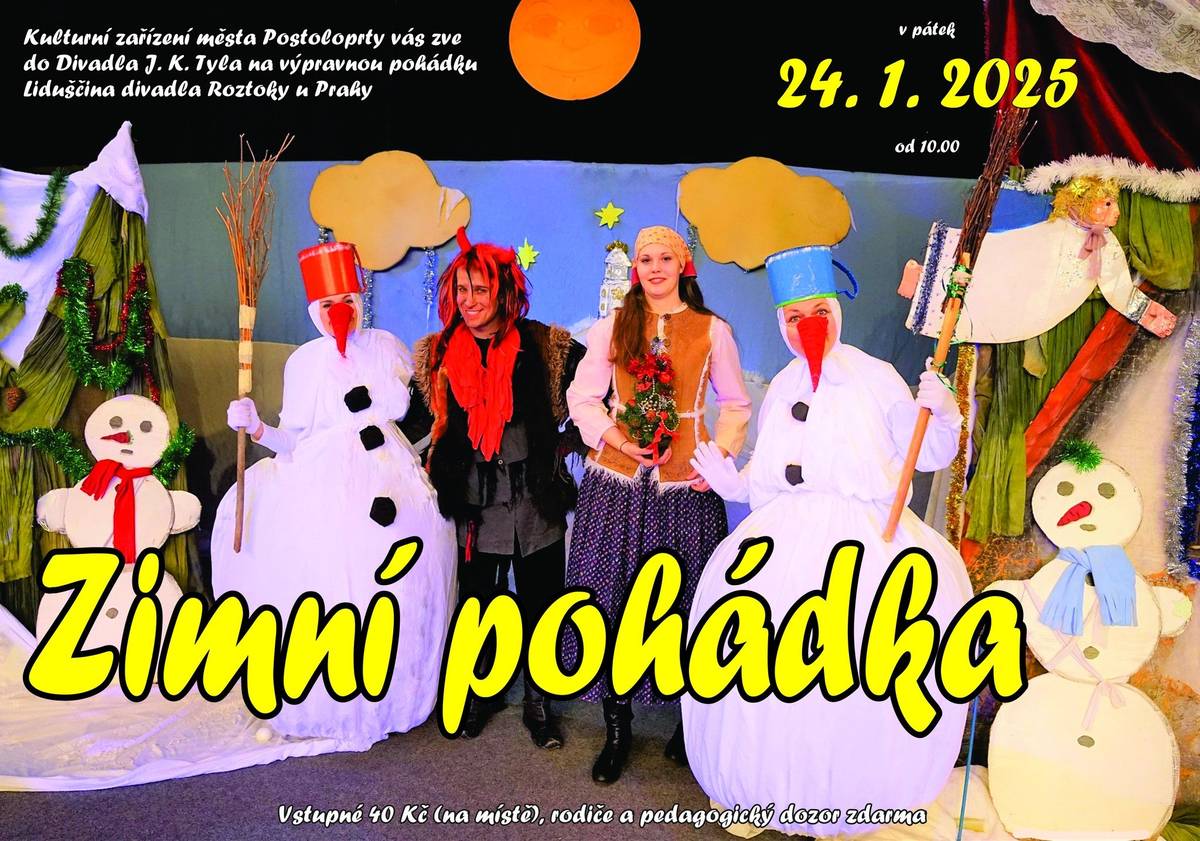 Kulturní zařízení města Postoloprty vás zve do Divadla J. K. Tyla na výpravnou pohádku v podání Liduščina divadla Roztoky u Prahy. V pátek 24.1.2025 od 10 hodin. Vstupné 40 korun, rodiče a pedagogický doprovod zdarma.